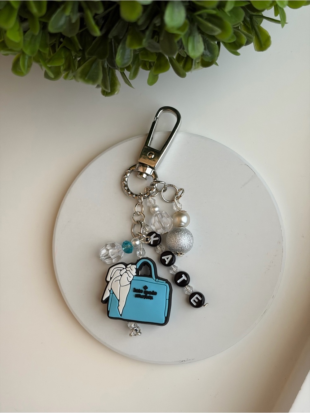 Blue Charm Bag Keychain with Bead Accents - Picture 1 of 4